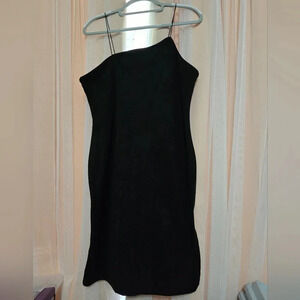 NWT Cider Black Velvety Mini Dress w/ Asymmetrical Neckline, Leg Slit, Size XL.